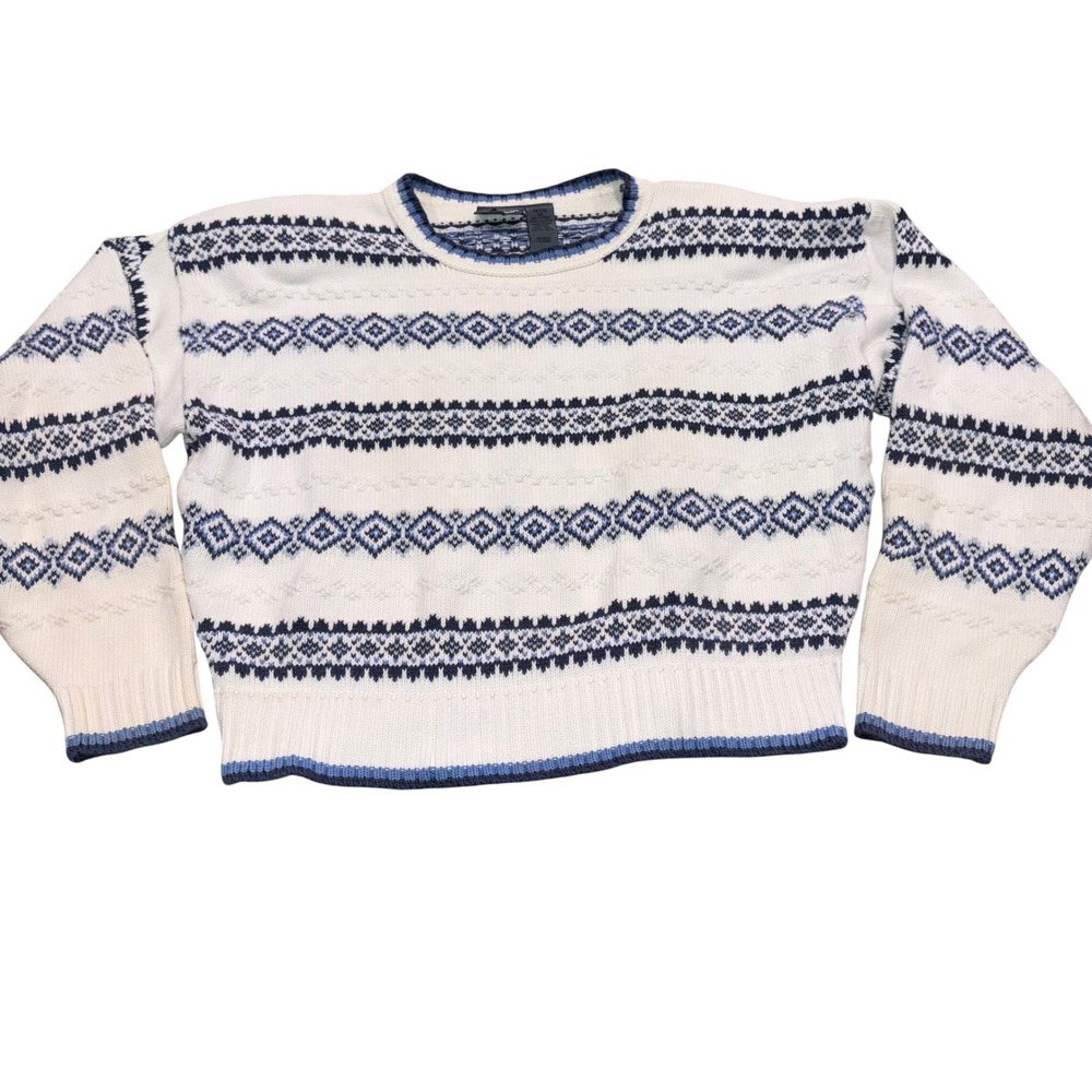 Vintage 90s Cotton Sweater Womens PM White Blue Fair Isle Lizwear Petite